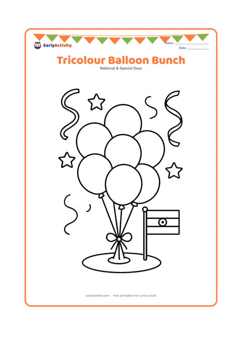 Colouring page: Draw a bunch of round balloons in saffron, white and green arrangement tied to a low stand beside a small Indian flag. Add a few large simple stars and curved ribbons as party decorations.