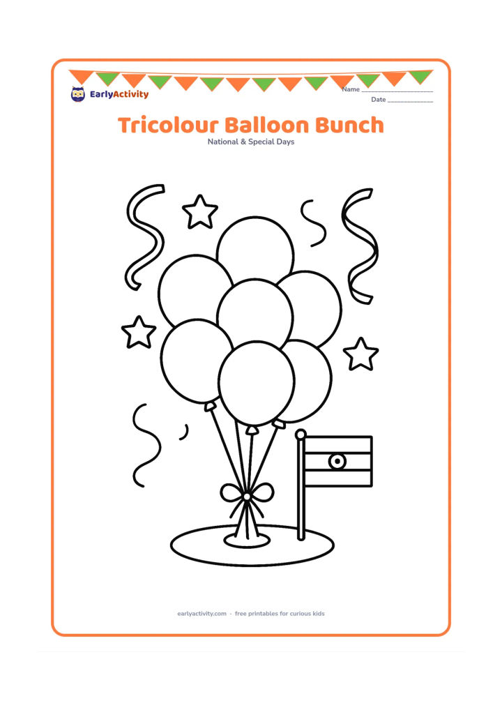 Colouring page: Draw a bunch of round balloons in saffron, white and green arrangement tied to a low stand beside a small Indian flag. Add a few large simple stars and curved ribbons as party decorations.