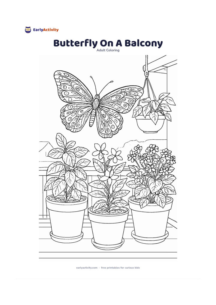 Colouring page: Show a butterfly visiting potted basil, jasmine, and flowering plants on an Indian home balcony. Include a simple railing, hanging planter, clay pot, and distant rooftops, with the…