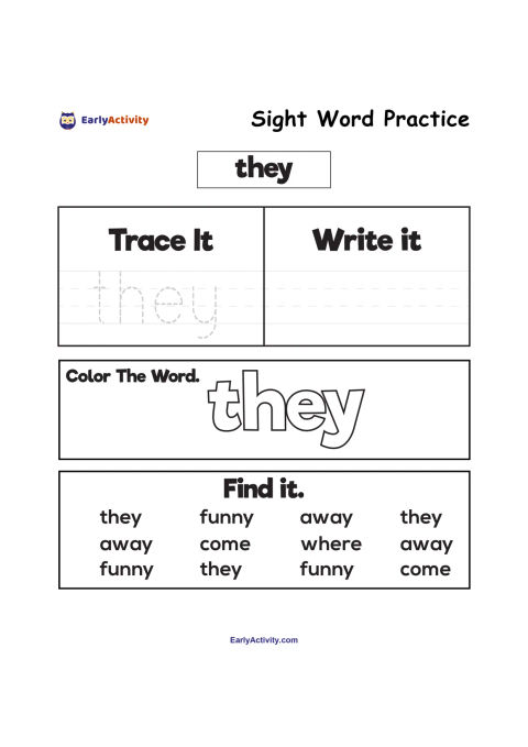 Worksheet for practising the sight word “they” with tracing, writing, colouring and word-finding activities.
