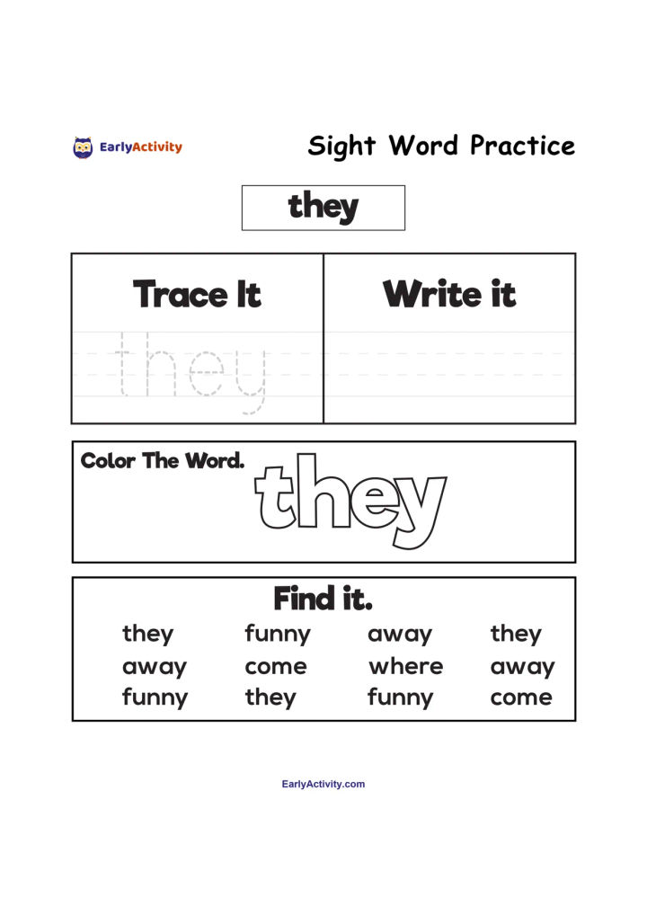 Worksheet for practising the sight word “they” with tracing, writing, colouring and word-finding activities.