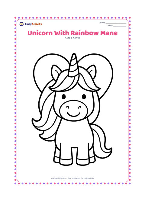 Colouring page: A front-facing unicorn smiles proudly, with a wide mane divided into several large flowing sections and a simple heart-shaped cloud behind it. Keep the body and face spacious.