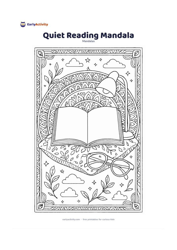 Colouring page: Place an open blank book on a cushion at the centre of a circular mandala, surrounded by a reading lamp, glasses, leaves, stars, soft clouds, and repeating page-like borders. Show a calm…
