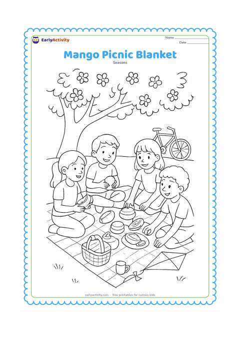 Colouring page: Four friends share a summer picnic under a flowering tree, arranging whole and sliced mangoes on a patterned blanket beside baskets, cups, a kite and a bicycle.