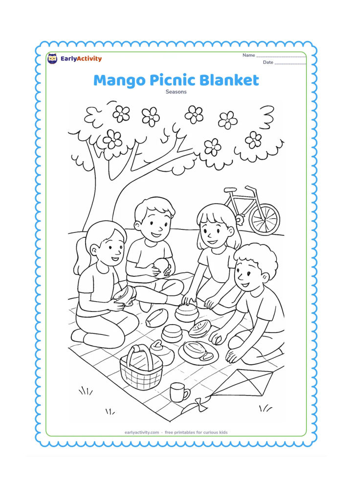 Colouring page: Four friends share a summer picnic under a flowering tree, arranging whole and sliced mangoes on a patterned blanket beside baskets, cups, a kite and a bicycle.