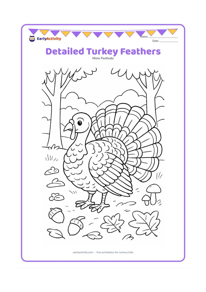 Colouring page: A proud turkey stands in a woodland clearing with its full tail fanned wide, showing layered feather patterns, varied feather tips and a leafy ground. Add acorns, mushrooms, tree trunks…