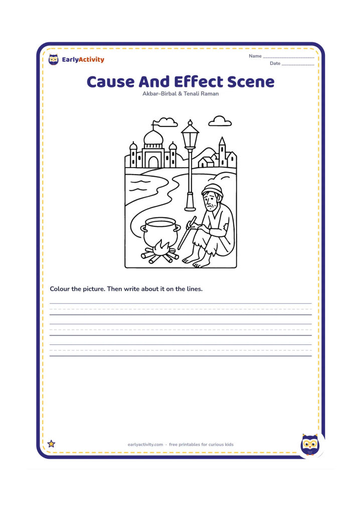 Printable: Show the lake, distant lamp, poor man, raised cooking pot and low fire in one connected palace-and-village landscape, with visual paths leading from each cause to its result. Do not use…