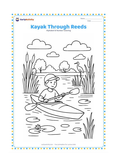 Colouring page: A paddler steers a kayak through a calm wetland channel at dawn, with tall reeds on both sides. Add lily pads, distant trees, a heron and reflected cloud shapes on the water.