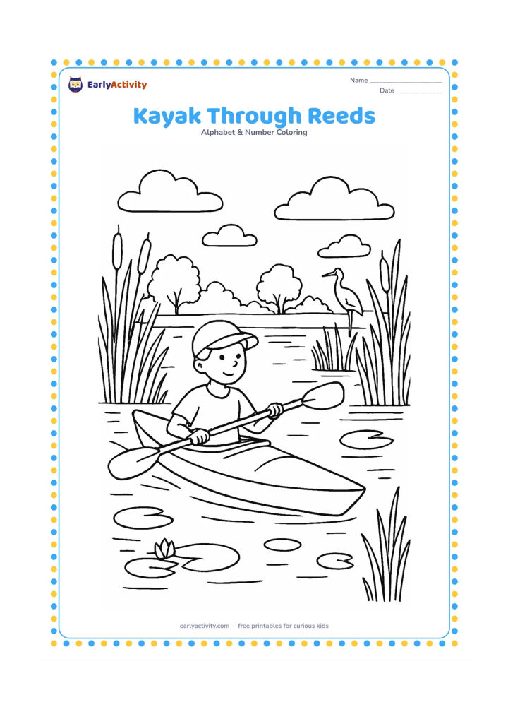Colouring page: A paddler steers a kayak through a calm wetland channel at dawn, with tall reeds on both sides. Add lily pads, distant trees, a heron and reflected cloud shapes on the water.