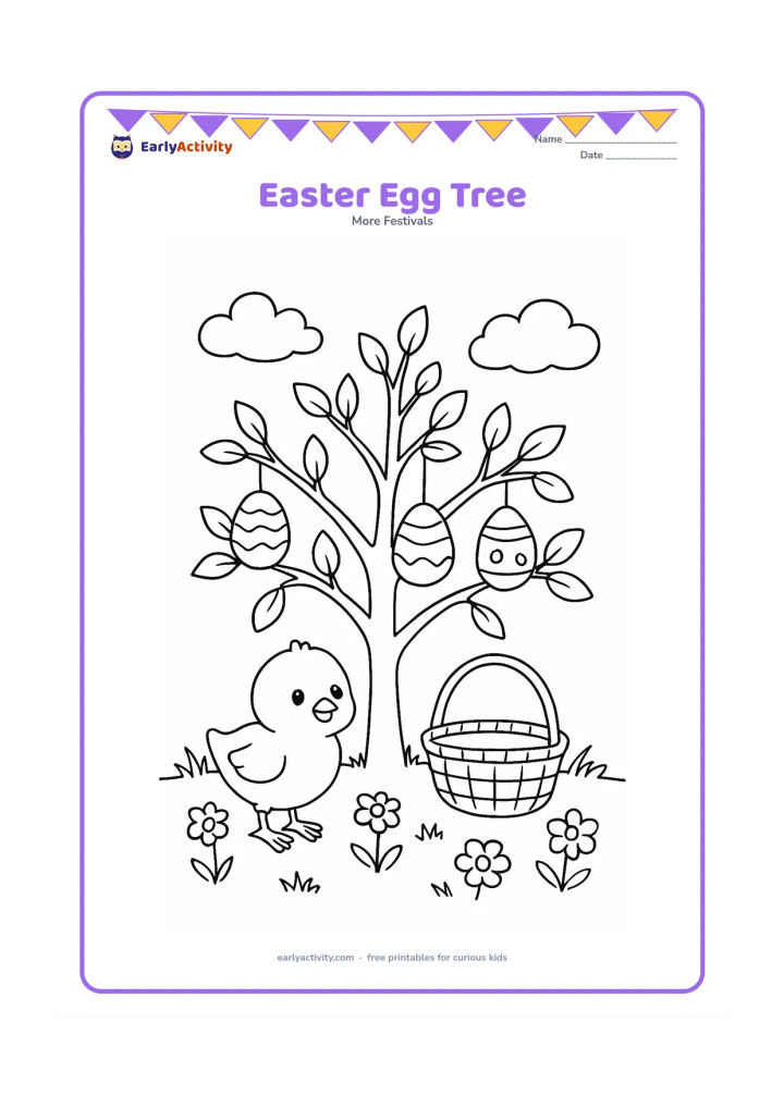 Colouring page: Show a small flowering tree with several decorated Easter eggs hanging from its branches, while a chick stands beneath it beside a basket. Add grass, flowers and soft clouds.