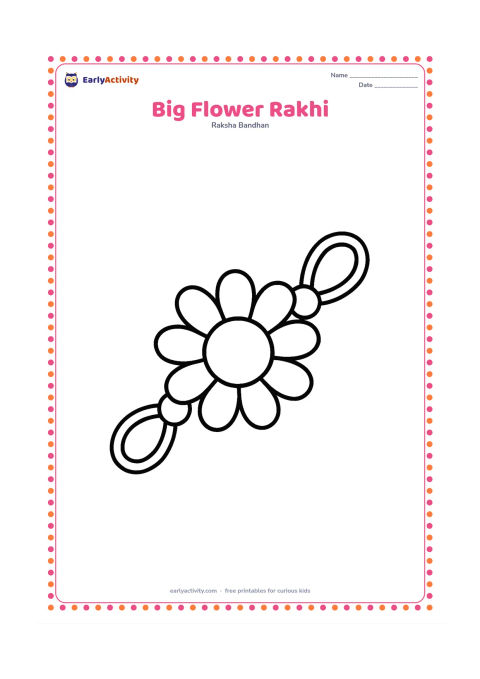 Colouring page: A single large flower-shaped rakhi with a broad central flower, thick thread loops, and a few large beads. Place it in the centre with wide open space around it for children to add their…