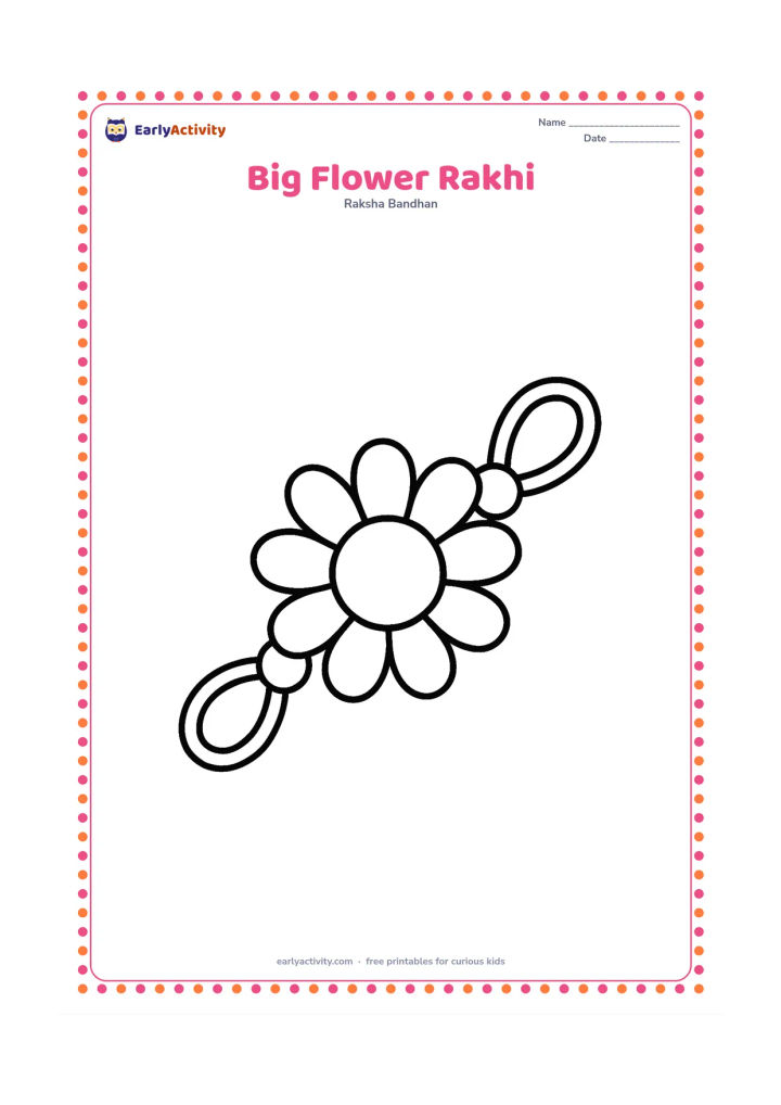 Colouring page: A single large flower-shaped rakhi with a broad central flower, thick thread loops, and a few large beads. Place it in the centre with wide open space around it for children to add their…