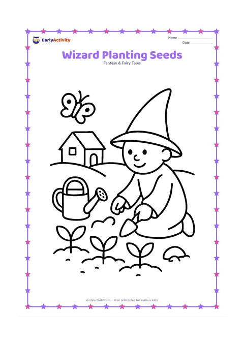 Colouring page: A kneeling wizard plants pretend magical seeds in a garden bed beside a watering can and a basket. Show three large sprouts, a butterfly and a simple cottage in the background.