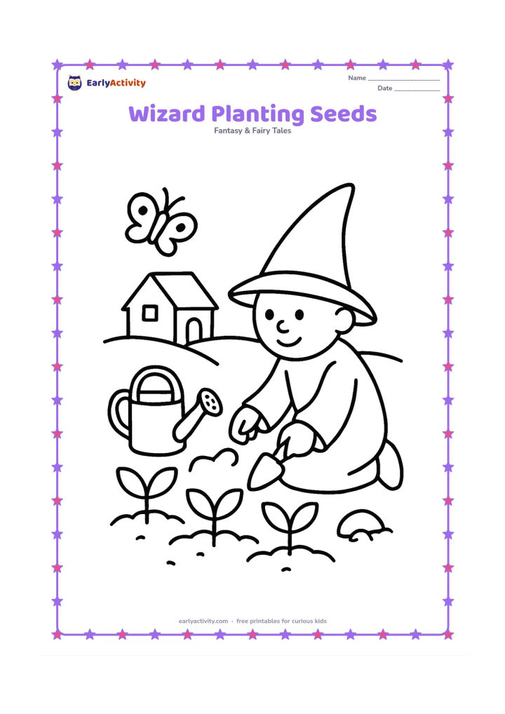 Colouring page: A kneeling wizard plants pretend magical seeds in a garden bed beside a watering can and a basket. Show three large sprouts, a butterfly and a simple cottage in the background.