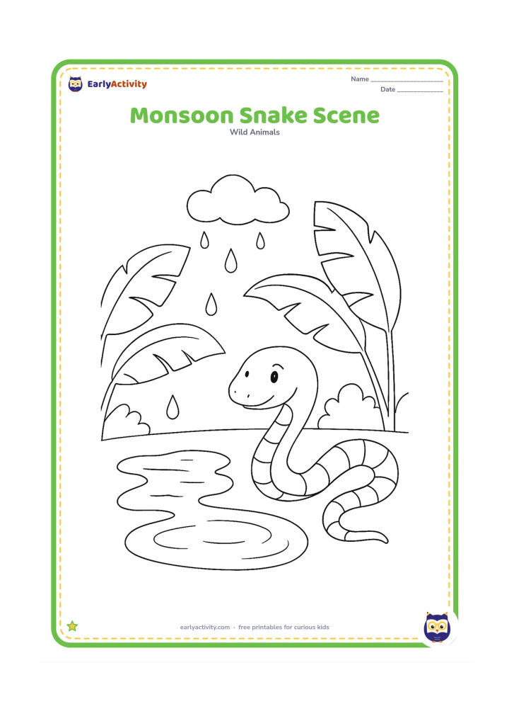 Colouring page: Draw a snake moving beside a shallow puddle after rain, with broad banana leaves, a few raindrops, and a small rain cloud above. Keep the mood peaceful and the snake fully visible.