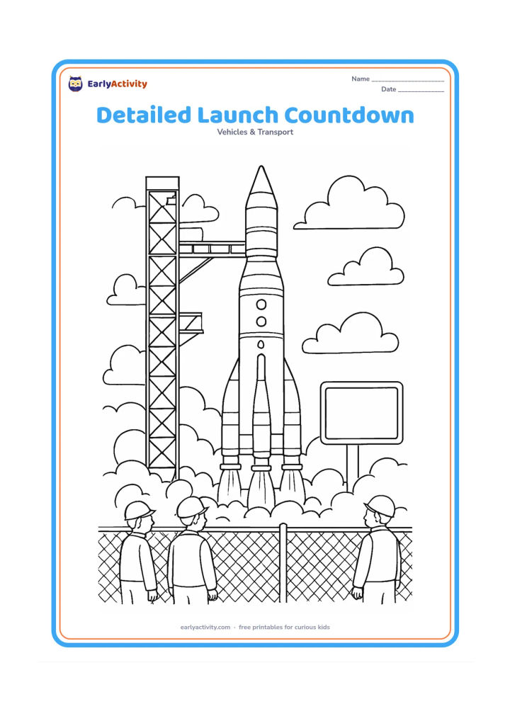 Colouring page: Draw a busy but orderly launch scene with a tall multi-stage rocket, service tower, flame trench, exhaust plumes, observation windows and engineers behind a safety fence; include a blank…