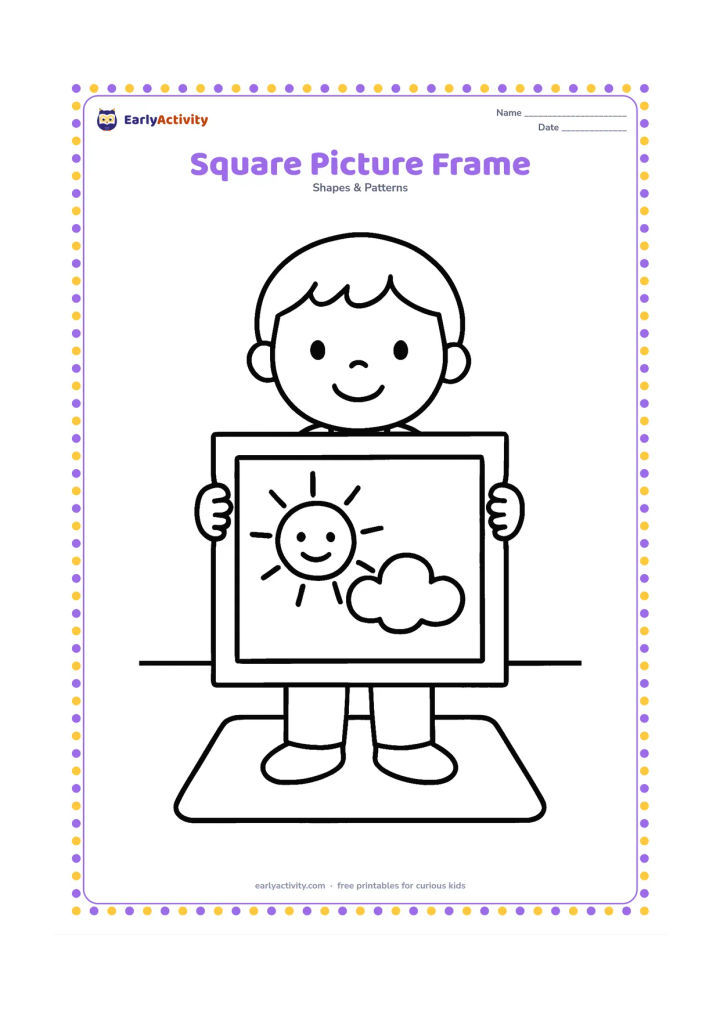 Colouring page: A child holds a large square picture frame showing a simple smiling sun and cloud scene. Place the child in a plain room with one small square mat on the floor.