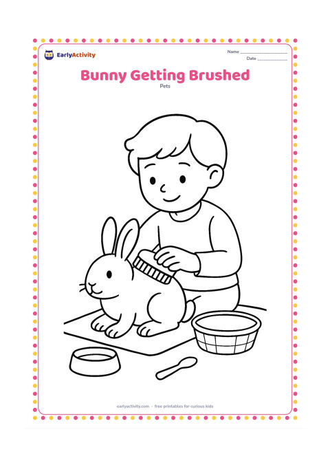Colouring page: Draw a child carefully brushing a calm bunny's back while it sits on a mat. Add a small brush, a bowl, and a low pet-care basket nearby, with the bunny's long ears and paws clearly visible.