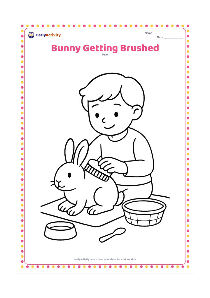 Colouring page: Draw a child carefully brushing a calm bunny's back while it sits on a mat. Add a small brush, a bowl, and a low pet-care basket nearby, with the bunny's long ears and paws clearly visible.