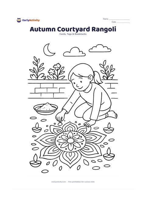 Worksheet: Draw a child adding the final petal to an elaborate but clear rangoli in a family courtyard during a cool autumn evening. Include a brass plate of coloured powder, several diyas, flower…