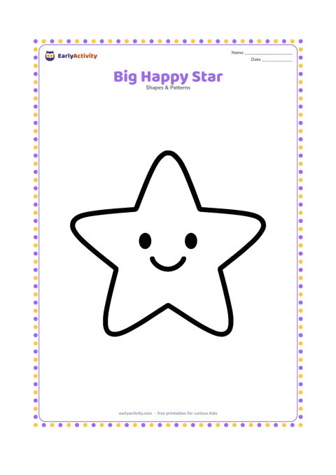 Colouring page: One very large five-point star with a gentle smiling face, centered on the page with wide empty spaces around it.