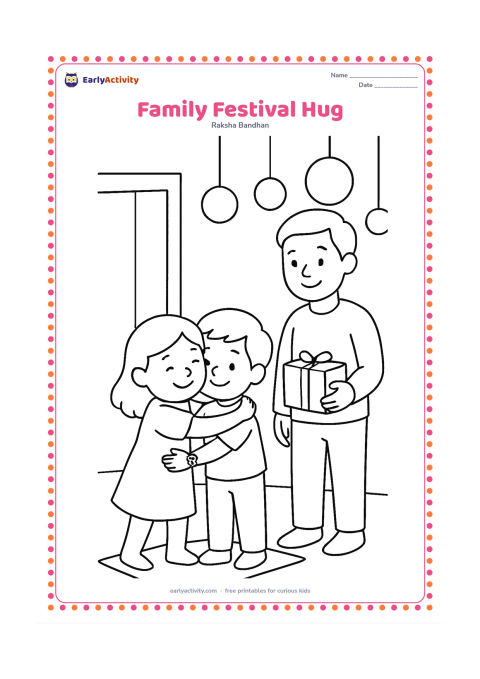 Colouring page: A child hugs a sibling after the rakhi has been tied, while a parent stands nearby holding a simple gift. Include a doorway, a floor mat, and a few large hanging decorations.