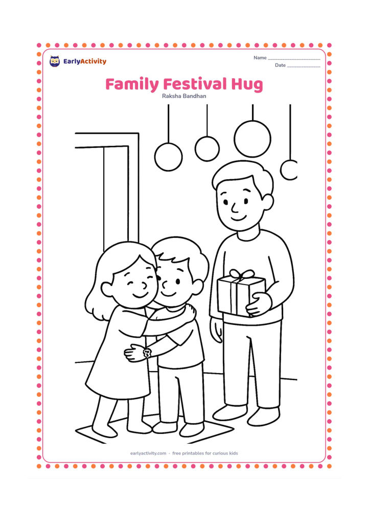 Colouring page: A child hugs a sibling after the rakhi has been tied, while a parent stands nearby holding a simple gift. Include a doorway, a floor mat, and a few large hanging decorations.