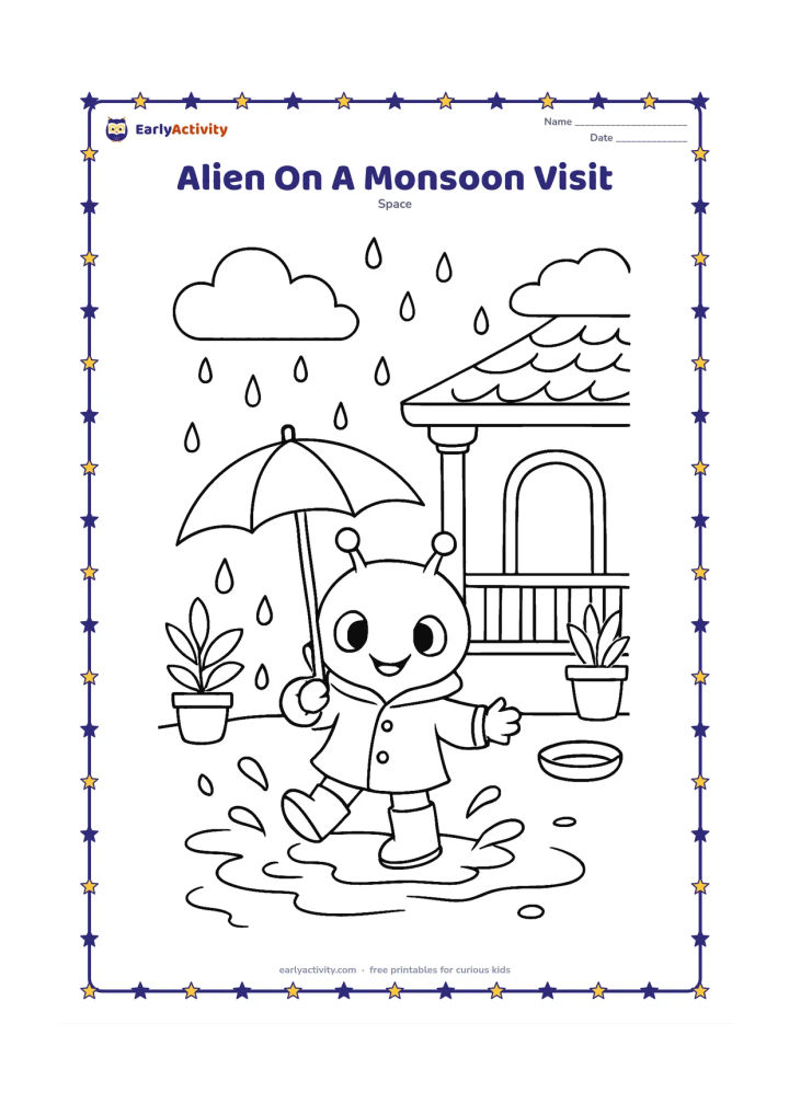 Colouring page: Draw a smiling alien in a raincoat and boots splashing gently in a puddle near an Indian-style home veranda. Add an umbrella, potted plants, monsoon clouds, and a small saucer parked nearby.