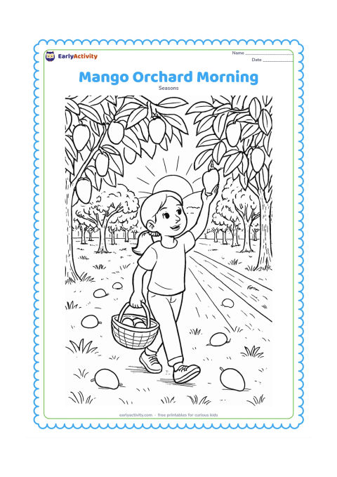 Colouring page: Draw a child walking through a mango orchard at sunrise, carrying a woven basket while reaching toward a low branch. Show rows of trees, fallen mangoes, textured grass, and long morning…