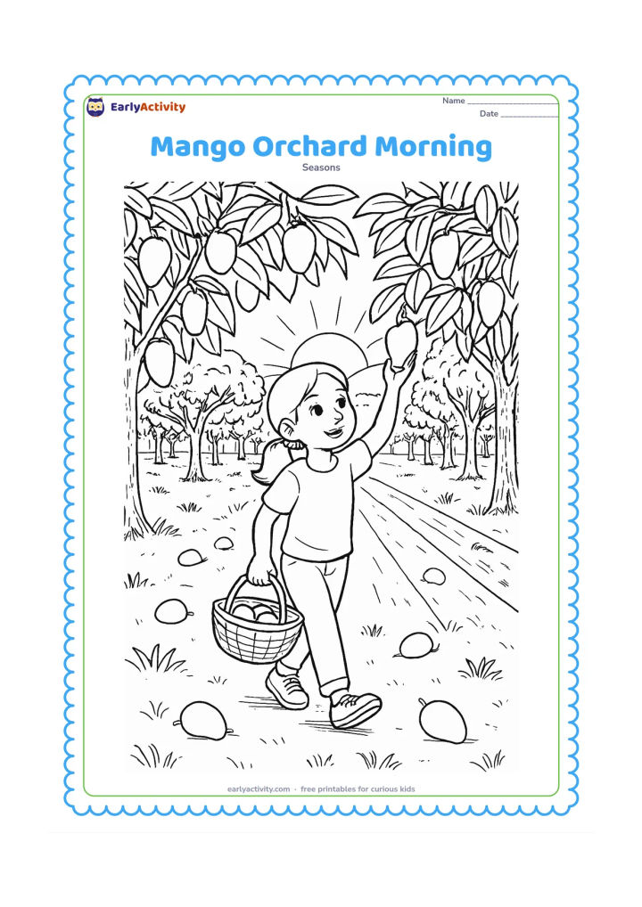 Colouring page: Draw a child walking through a mango orchard at sunrise, carrying a woven basket while reaching toward a low branch. Show rows of trees, fallen mangoes, textured grass, and long morning…