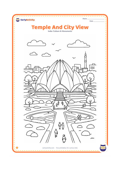 Colouring page: Place the Lotus Temple in the foreground with detailed pools, lawns, paths, trees, and visitors, while the New Delhi skyline stretches across the background. Include varied low…