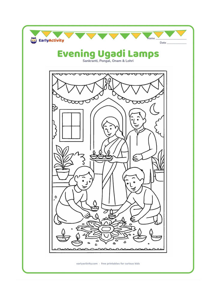 Colouring page: At evening, children and adults light a row of diyas around a rangoli outside their home, with glowing lamp shapes, garlands and potted plants.