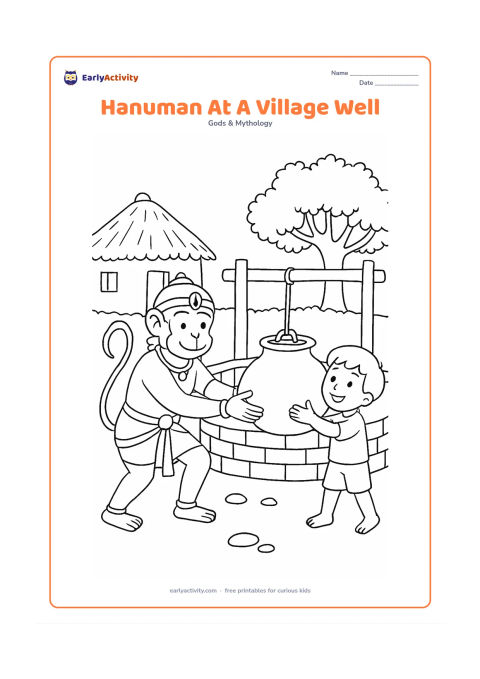 Colouring page: Hanuman helps lift a water pot beside a traditional Indian village well while a child watches happily. Add a thatched-roof home, a neem-like tree, a hand pump, and a few ground stones.