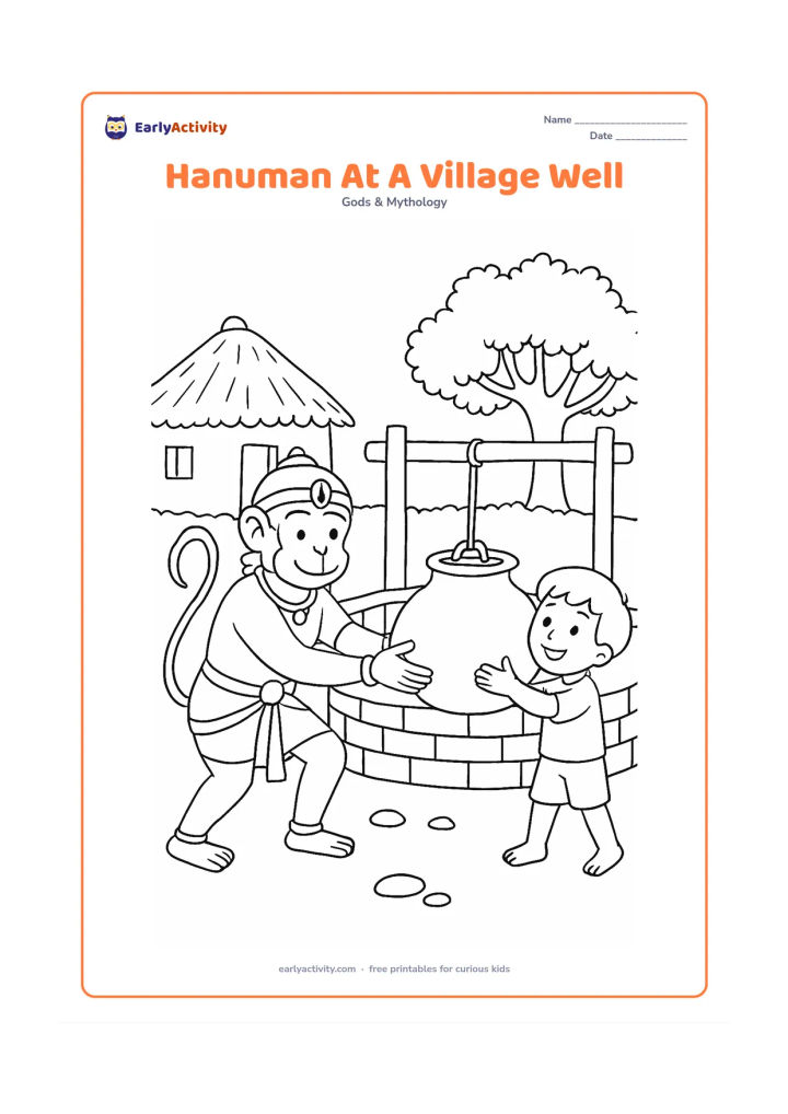 Colouring page: Hanuman helps lift a water pot beside a traditional Indian village well while a child watches happily. Add a thatched-roof home, a neem-like tree, a hand pump, and a few ground stones.