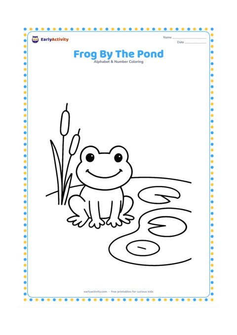 Colouring page: Draw a smiling frog sitting beside a small pond with two lily pads, three reeds and one rounded water ripple. Keep the scene low and open.