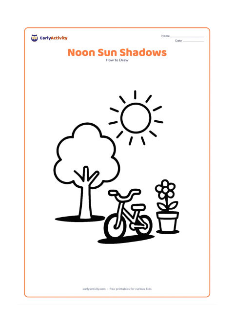 Worksheet: Show a high round sun with short rays above a tree, a child-sized bicycle and a flower pot, each casting a simple shadow on a ground line. Keep the objects spaced apart.