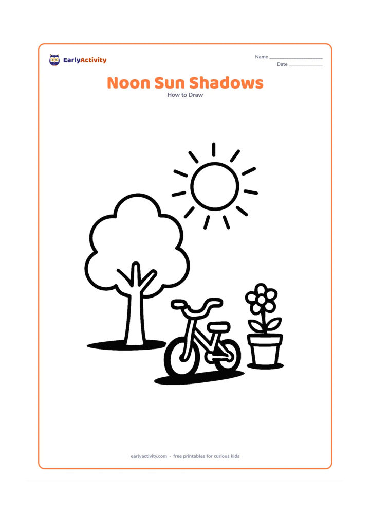 Worksheet: Show a high round sun with short rays above a tree, a child-sized bicycle and a flower pot, each casting a simple shadow on a ground line. Keep the objects spaced apart.
