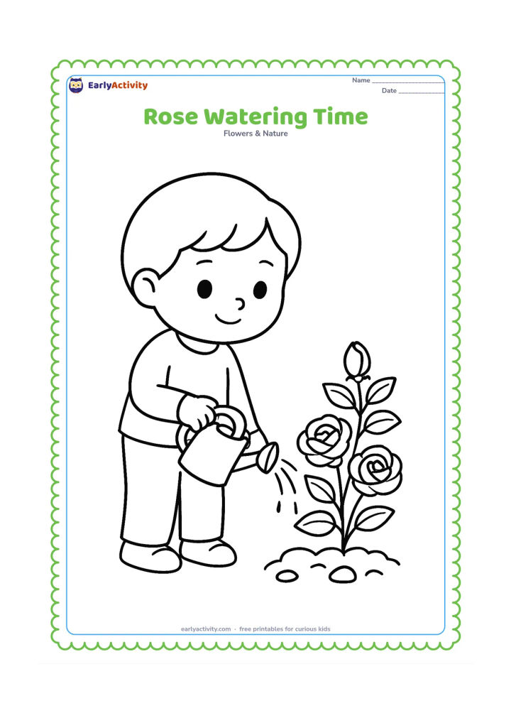Colouring page: Draw a child watering a rose bush with a small watering can. Show two open roses, one bud, leafy stems, soil, and a few simple garden stones.