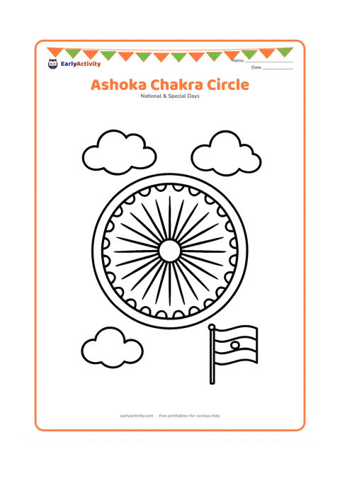 Colouring page: A large clear Ashoka Chakra fills the centre of the page, surrounded by simple rays, three soft clouds and a small waving Indian flag in one corner.