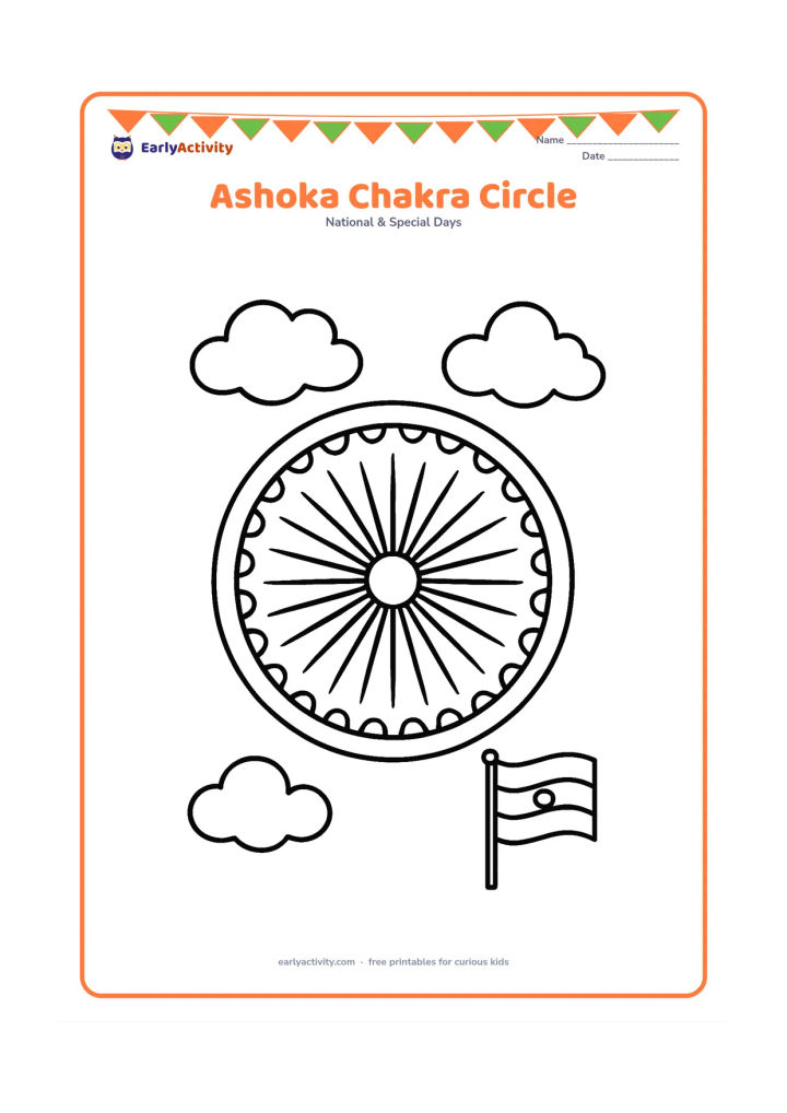 Colouring page: A large clear Ashoka Chakra fills the centre of the page, surrounded by simple rays, three soft clouds and a small waving Indian flag in one corner.
