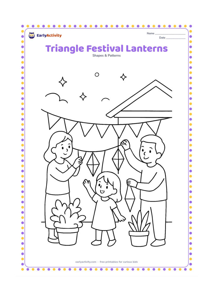 Colouring page: At dusk, a family hangs a row of triangular paper lanterns across a courtyard, with a small triangular roof, potted plants, and a few stars in the sky. Include different upward and…