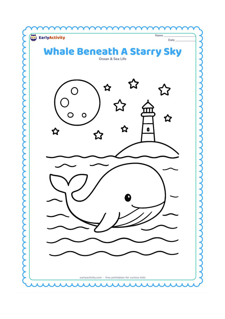 Colouring page: Show a whale swimming at night beneath a large moon, scattered simple stars, calm waves, and a distant lighthouse on shore. The lighthouse must contain no lettering or numbers.