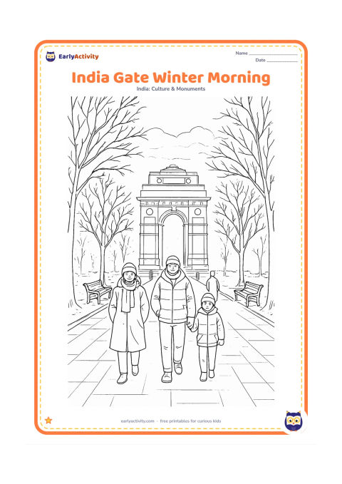 Colouring page: Show India Gate on a cool misty morning with bundled visitors walking along a tree-lined avenue, bare branches, benches and soft cloud layers behind the arch. Include subtle paving patterns.