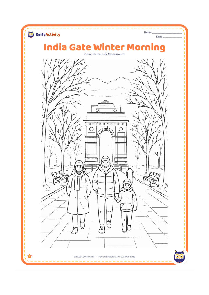 Colouring page: Show India Gate on a cool misty morning with bundled visitors walking along a tree-lined avenue, bare branches, benches and soft cloud layers behind the arch. Include subtle paving patterns.