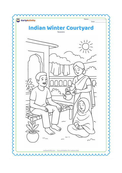 Colouring page: A family enjoys warm morning sunshine in an Indian courtyard, with one person sitting on a woven charpai, another pouring tea, and a child wrapped in a shawl. Add potted plants, a low…