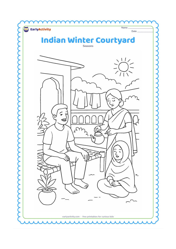 Colouring page: A family enjoys warm morning sunshine in an Indian courtyard, with one person sitting on a woven charpai, another pouring tea, and a child wrapped in a shawl. Add potted plants, a low…