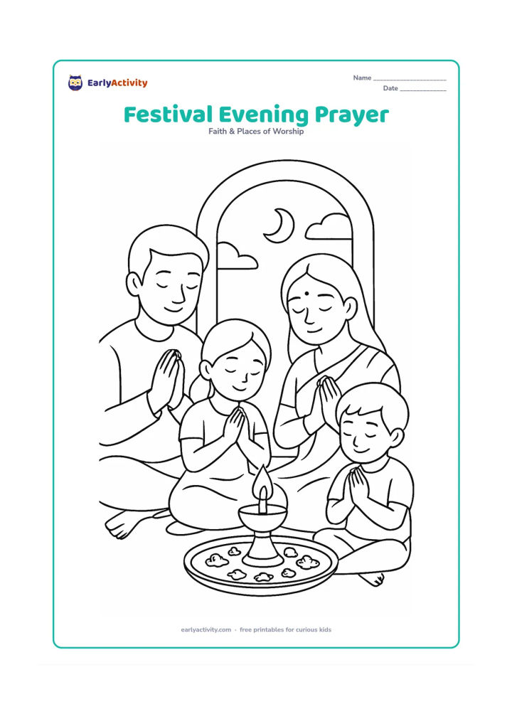 Colouring page: A family sits with folded hands around a small safe oil lamp on a tray during evening, with flower petals, a doorway, and a darkening sky outside.