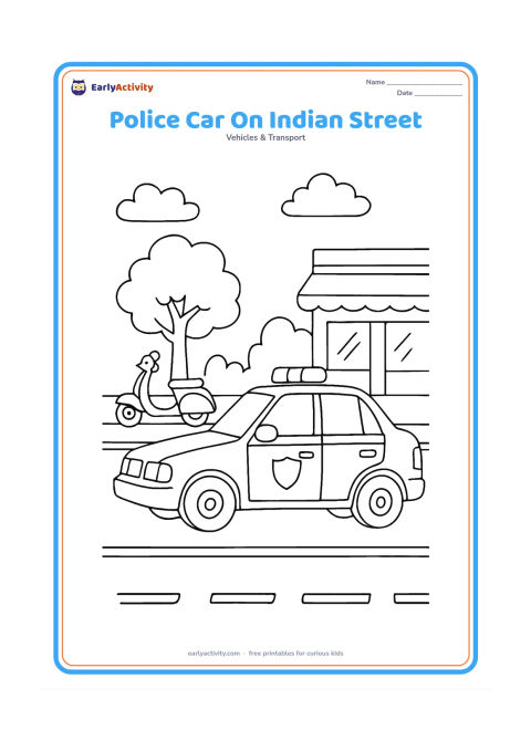 Colouring page: Draw a side-view police car travelling on an Indian urban street, with a scooter, a roadside tree and a low shopfront in the background. The car has roof lights, mirrors, two wheels and…