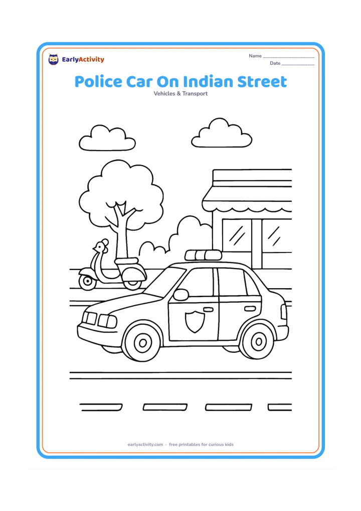 Colouring page: Draw a side-view police car travelling on an Indian urban street, with a scooter, a roadside tree and a low shopfront in the background. The car has roof lights, mirrors, two wheels and…