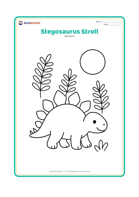 Colouring page: A smiling Stegosaurus walks from left to right, showing its large back plates and four tail spikes. Add three large ferns and a round sun.